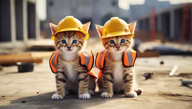 Two kittens wearing hard hats on a construction site