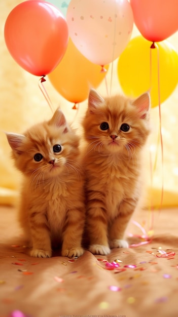 Two kittens with balloons in the background