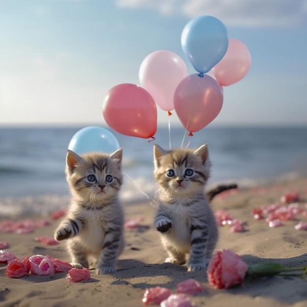 Two kittens with balloons on the beach