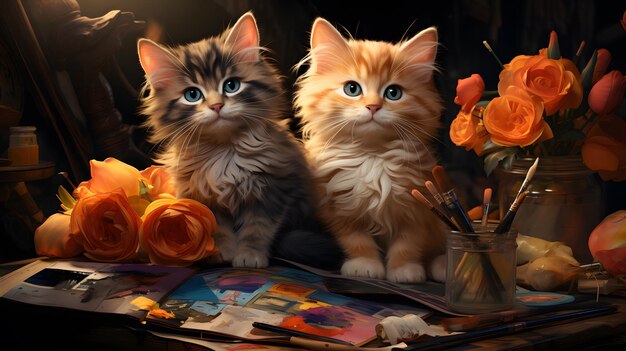 Two kittens with a palette of paints and brushes on a dark background AI GENERATED