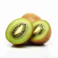 Photo two kiwi halves with one half cut in half one half and the other half