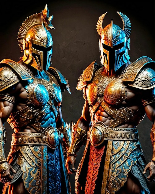 Two knights are standing next to each other, one has a helmet on his head and the other has a gold helmet on it.