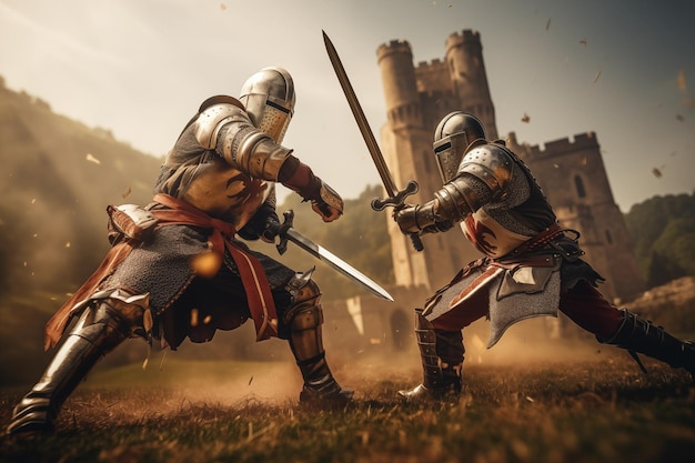 Two knights fighting to death at battlefield Generative AI