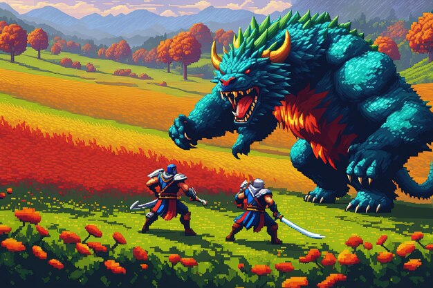 Two knights fighting the great monster pixel art video game