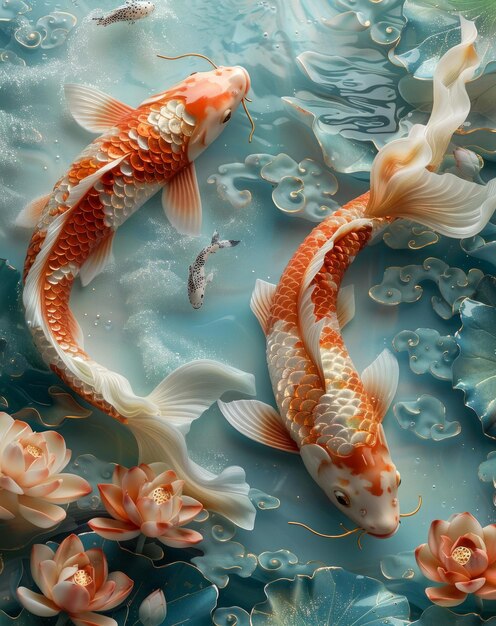 Photo two koi fish are swimming in a pond with water lilies