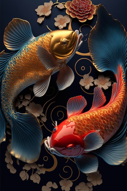 Two koi fish swimming in a pond of water generative ai