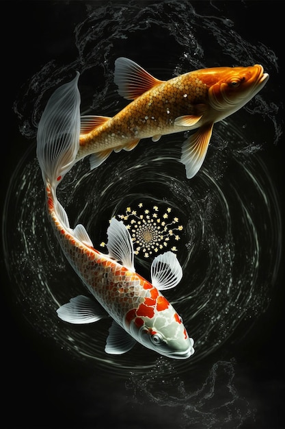 Two koi fish swimming in a pond of water generative ai