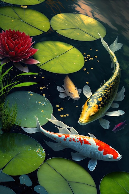 Two koi fish swimming in a pond with lily pads generative ai