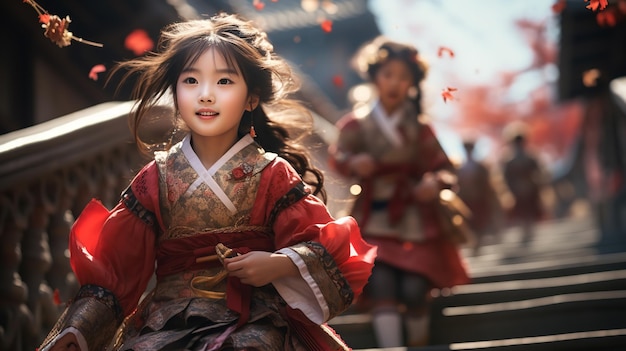 Two Korean girls dressed in traditional attire are running along the road Generative AI