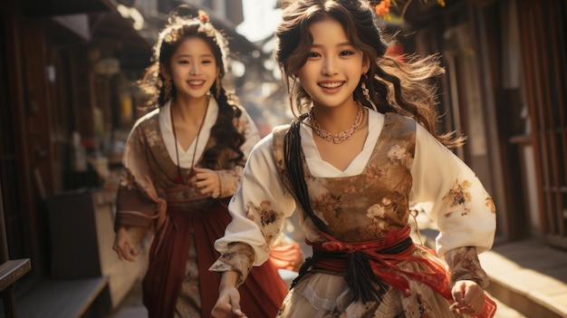 Две корейские девушки в традиционных нарядах спускаются по лестнице на улице Сеула.