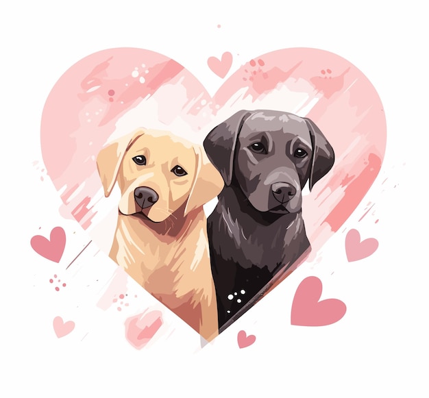 Two labrador dogs in front of a heart with hearts in the background