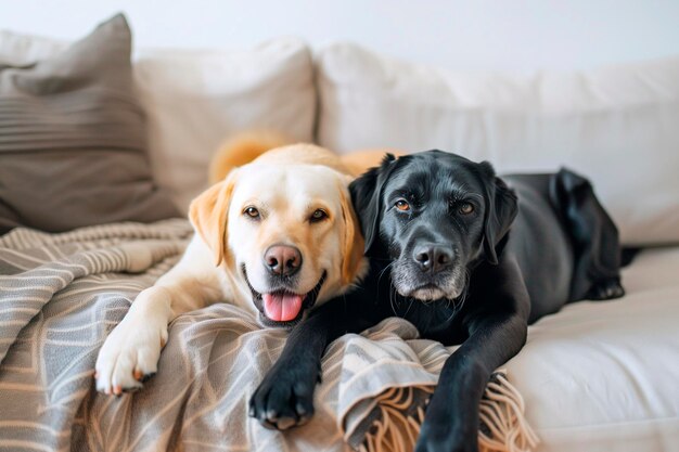 Foto due cani labrador che si riposano sul divano