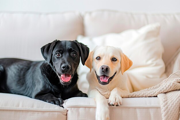 two labrador dogs on the sofa