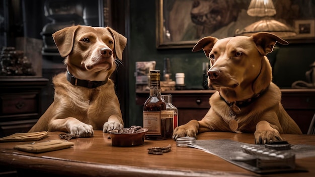 Two Labrador Retriever dogs sitting at a table in a vintage room