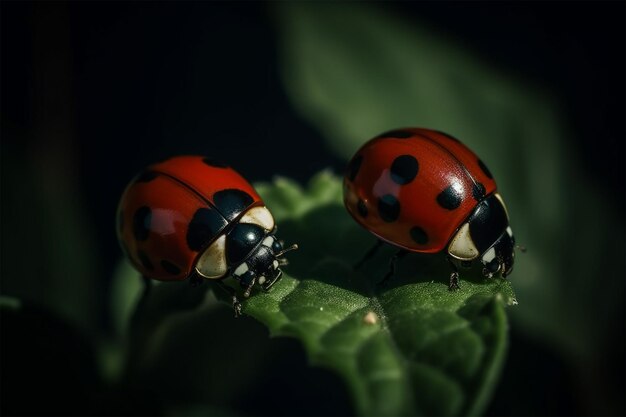 Photo two ladybirds on spiral of plant glows