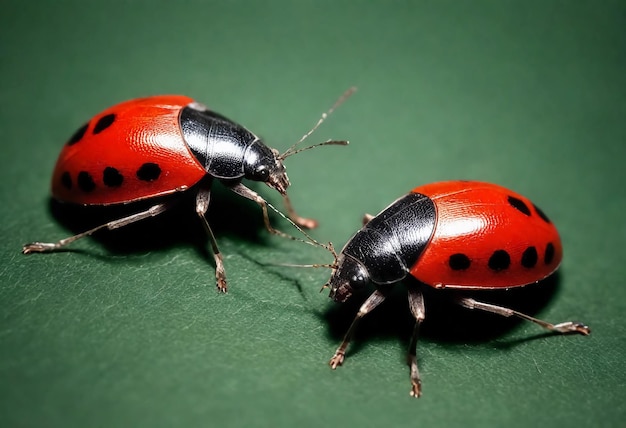 two ladybugs are on a green surface one is red and the other is black