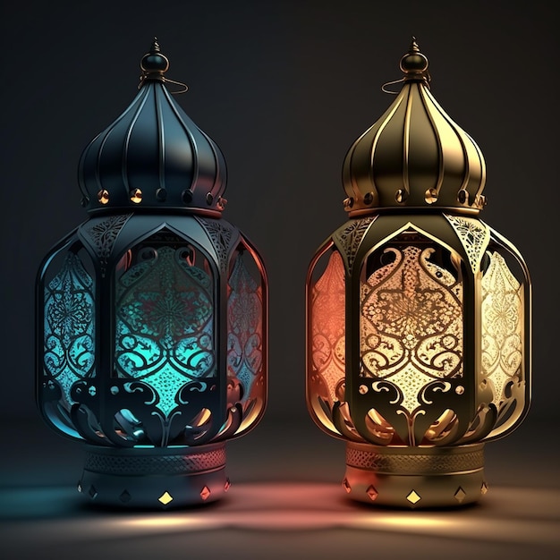 Two lamps with different colors are lit up in a dark room