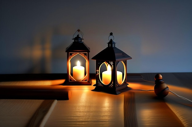 사진 어두운 배경의 탁자 위에 두 개의 등불이 켜져 있습니다.