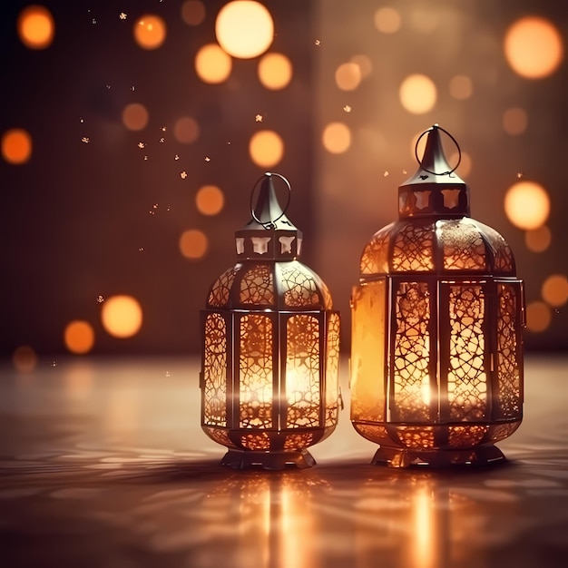 Two lanterns with lights in the background and the word ramadan on the bottom right.