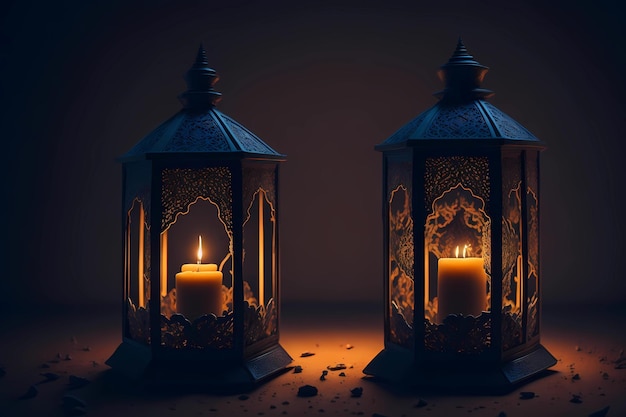 Two lanterns with the words ramadan on the bottom left.