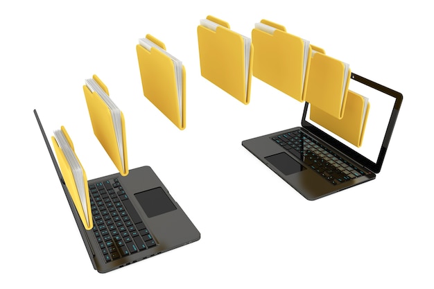 Photo two laptop computers with folders transferring between each other on a white background