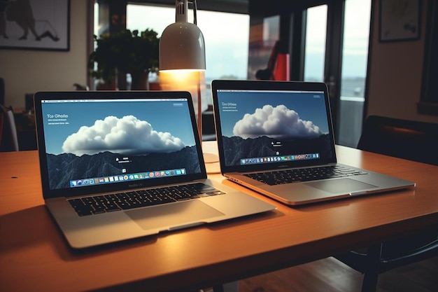 Two laptops are on a table with a screen that says cloud computing