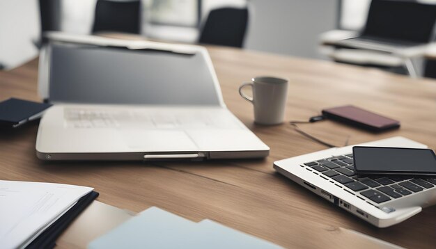 Photo two laptops sit on a wooden table one of which has a coffee cup on it