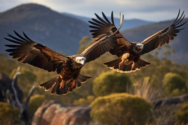 Premium AI Image | two large birds flying over a lush green forest