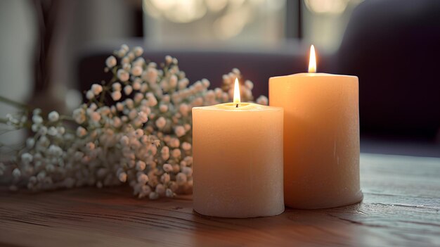 Two large candles on a wooden table