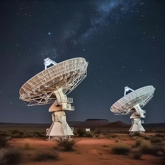 Two large parabolic antennas in the desert against the night sky generative ai