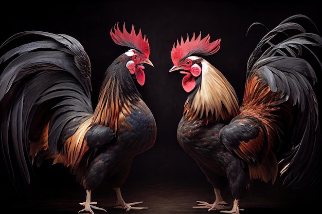 Two large powerful rooster are preparing for fight in cockfighting