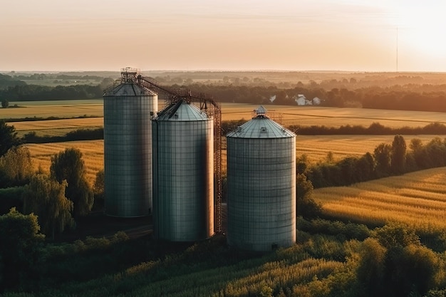 Foto due grandi sies nel mezzo di un campo aperto al tramonto con alberi e campi sullo sfondo