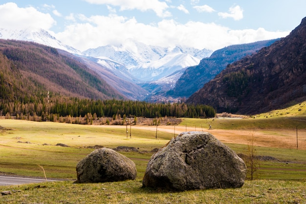 Two large stones in the middle of the Altai mountain valley. Altai mountains landscape