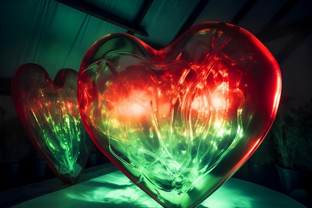 Photo two large transparent redgreen hearts
