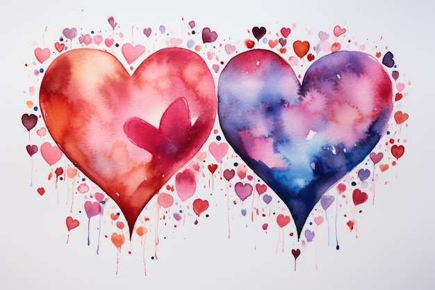 Two large watercolor hearts in red and blue on a white background Valentine's card