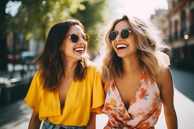 Two Latin America girls in bright clothes and sunglasses