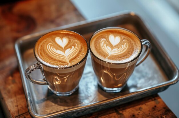 two latte with heart latte art on a tray