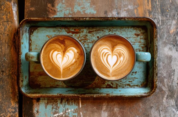 two latte with heart latte art on a tray