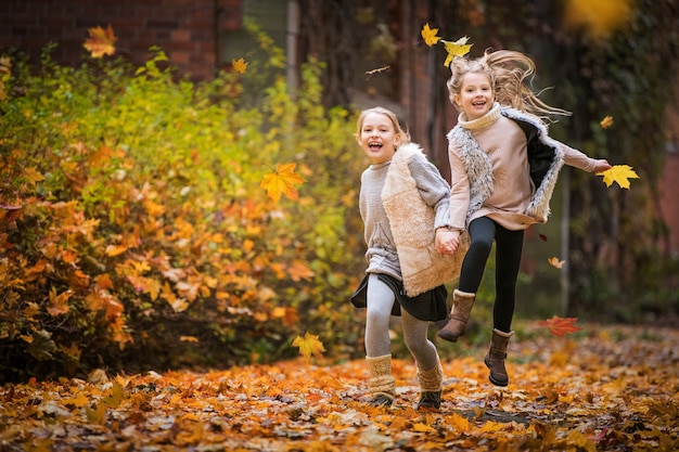 two laughing girls run together in an autumn park among a yellow leaf