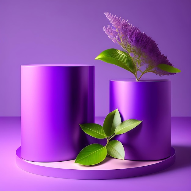 Two layer glossy lavender purple round podium on table counter lilac flower branch in sunlight lea