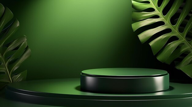 Two layer green round glossy podium with dappled sunlight