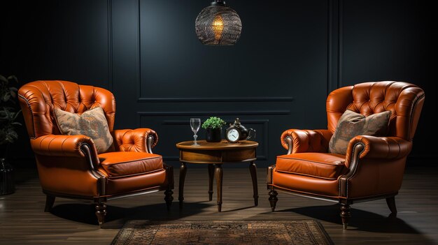 Two leather chairs in a luxurious room Two chairs in a modern home Classic design interior