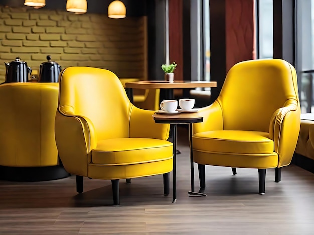 Two leather yellow armchairs and coffee table at the restaurant