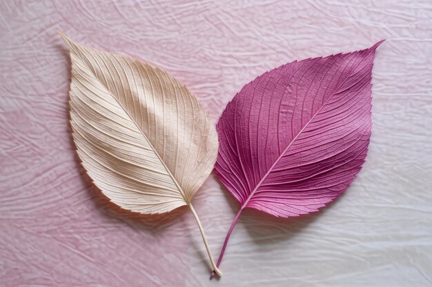 Two leaves on a pink background, one of which is pink and the other is pink.