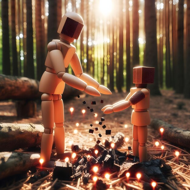 Photo two lego men are standing next to a fire with a man holding a small box of stones