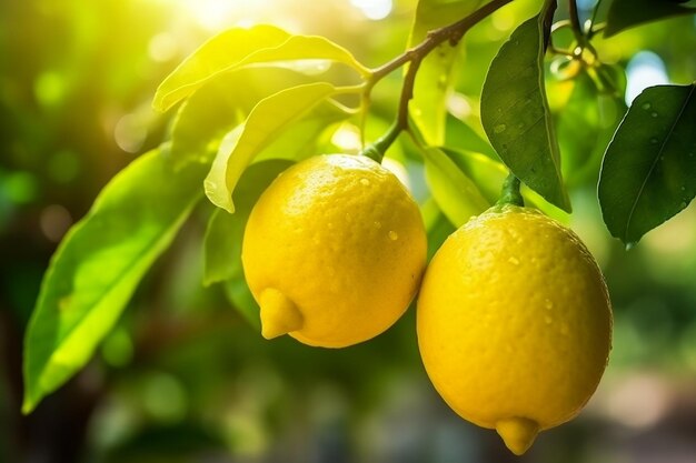 Two lemons on a tree with the sun shining on them.