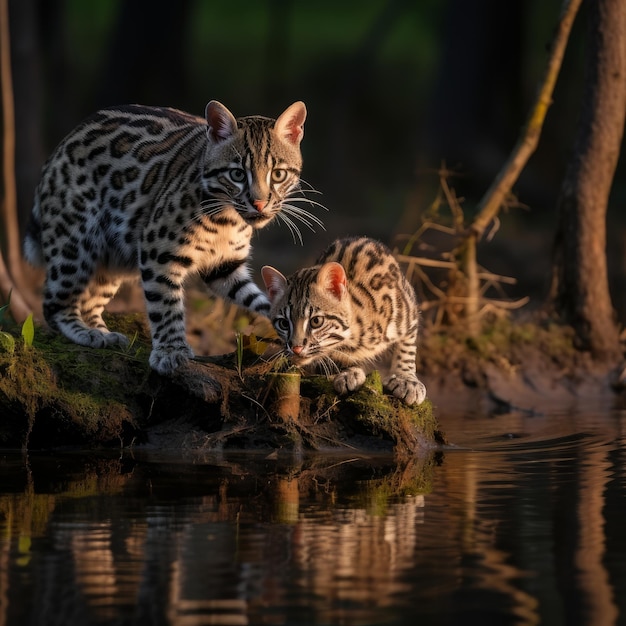 照片两个豹猫饮用水从湖的照片