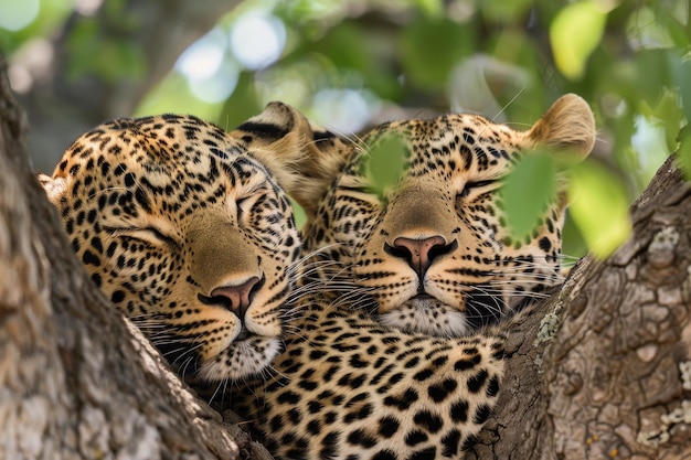 Two leopards are sleeping in a tree