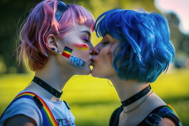 Two lesbian girl kissing pride rainbow flag lqbtq diversity concept parade background love romance