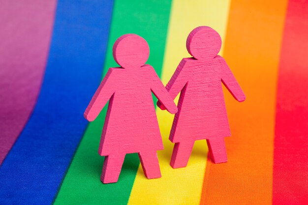 写真 手をつないでいる2人のレズビアンの女の子。 lgbtの背景の虹色の旗。